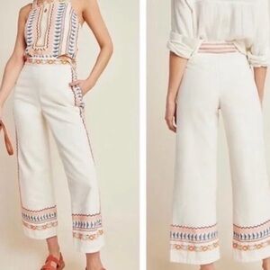 Anthropologie White and Orange Embroidered Pants